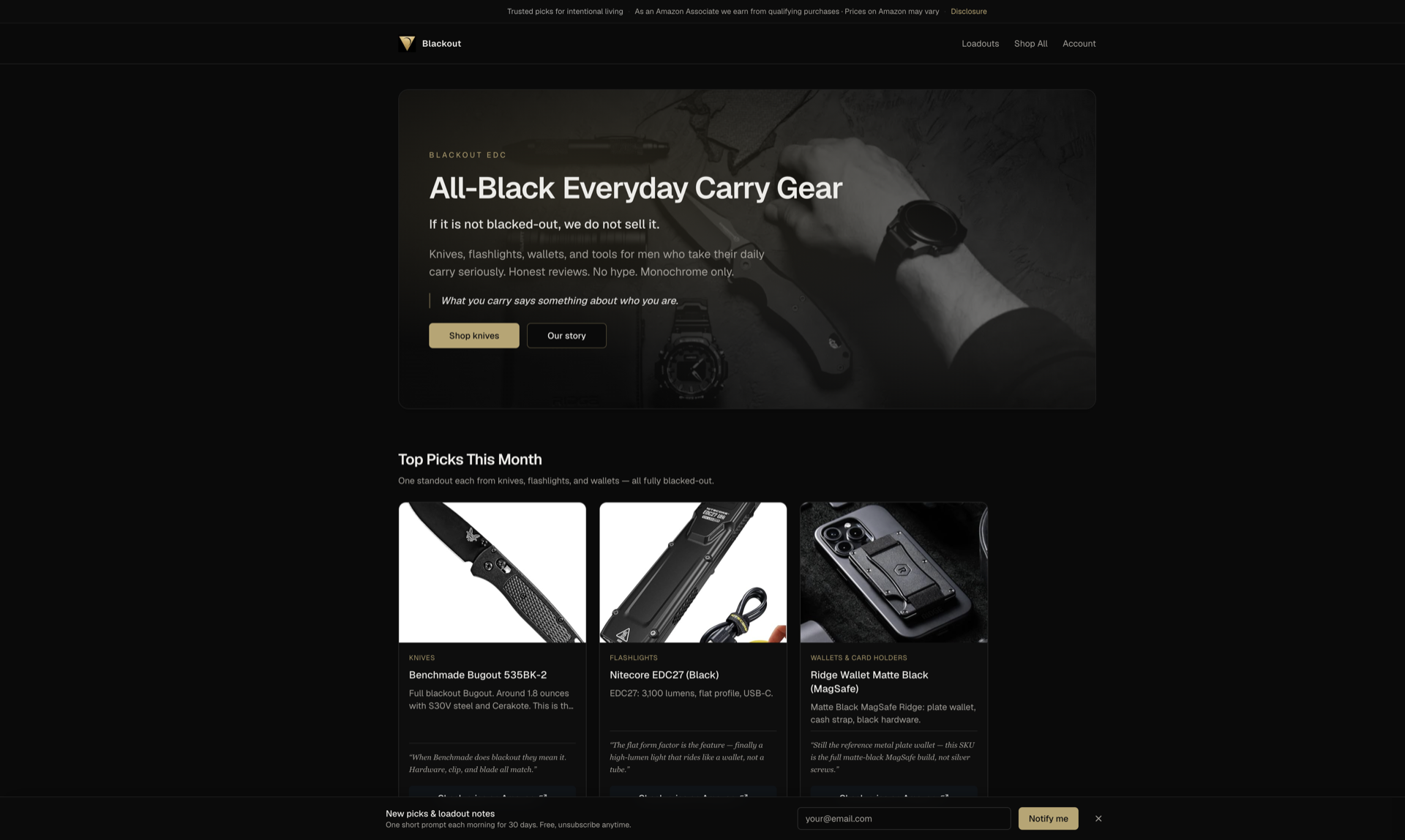 Blackout EDC storefront hero: all-black everyday carry gear with curated top picks