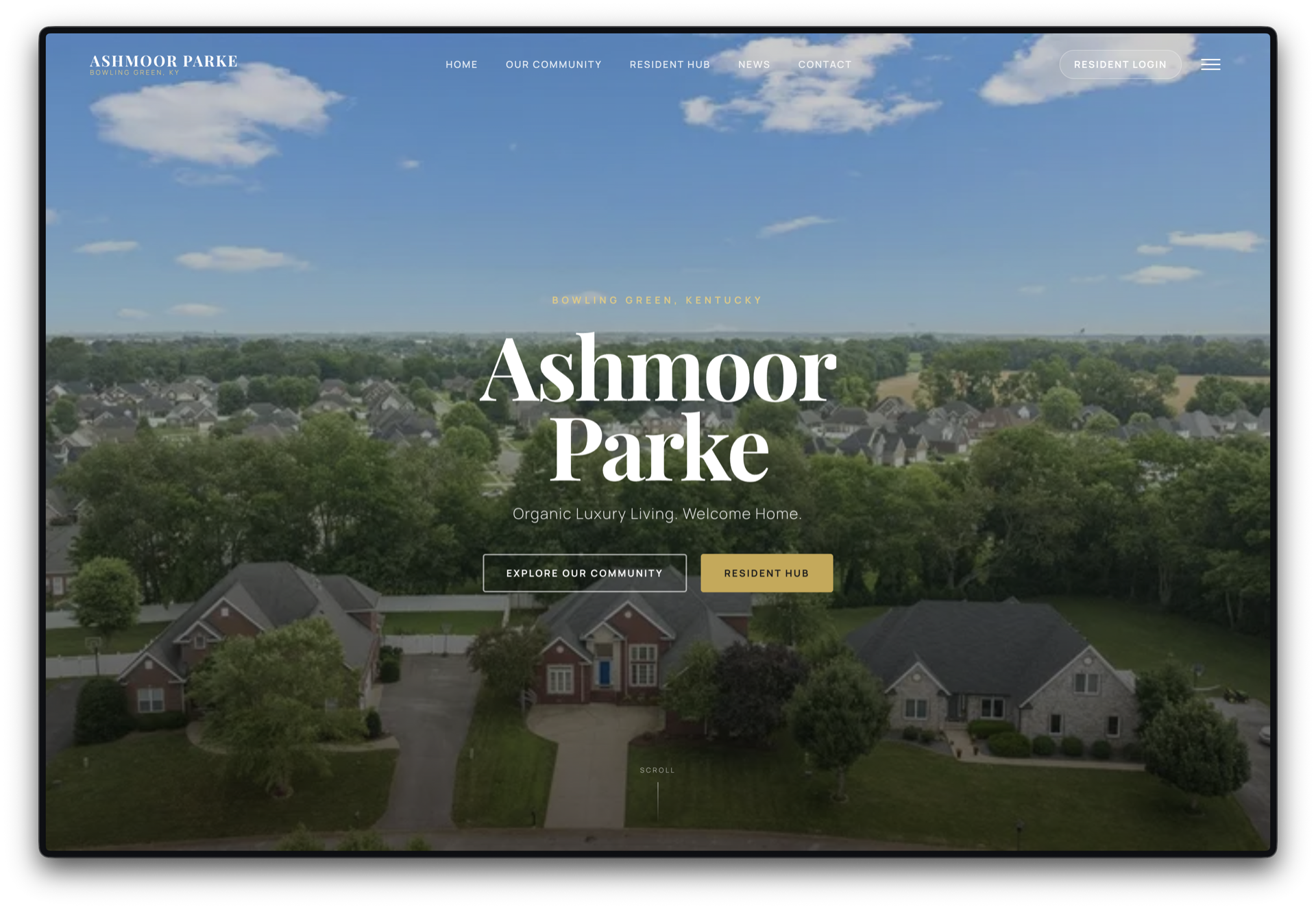 HOA Platform community site homepage with aerial neighborhood photography and resident login