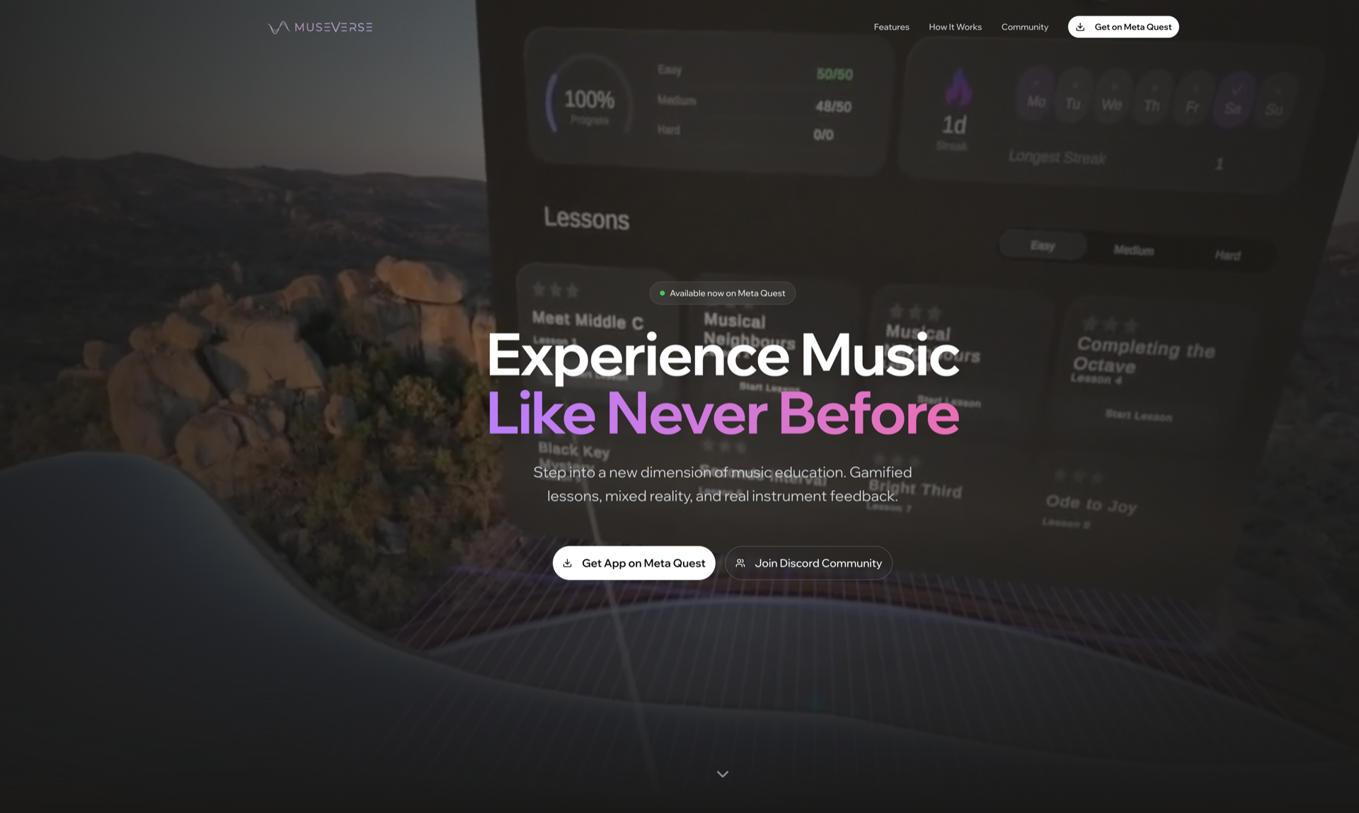 Museverse hero: Experience Music Like Never Before, with the in-headset lessons interface on Meta Quest