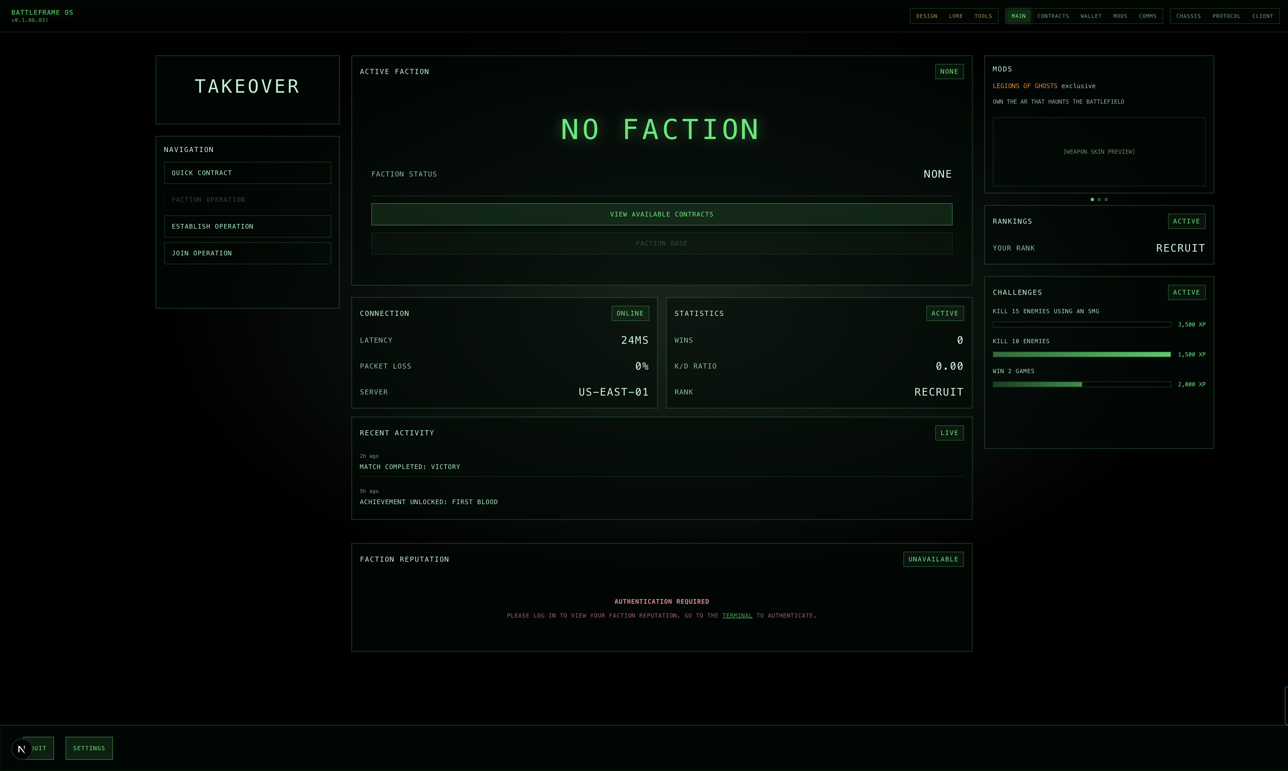 Battleframe OS console home: faction status, connection telemetry, statistics, rankings, and live activity feed