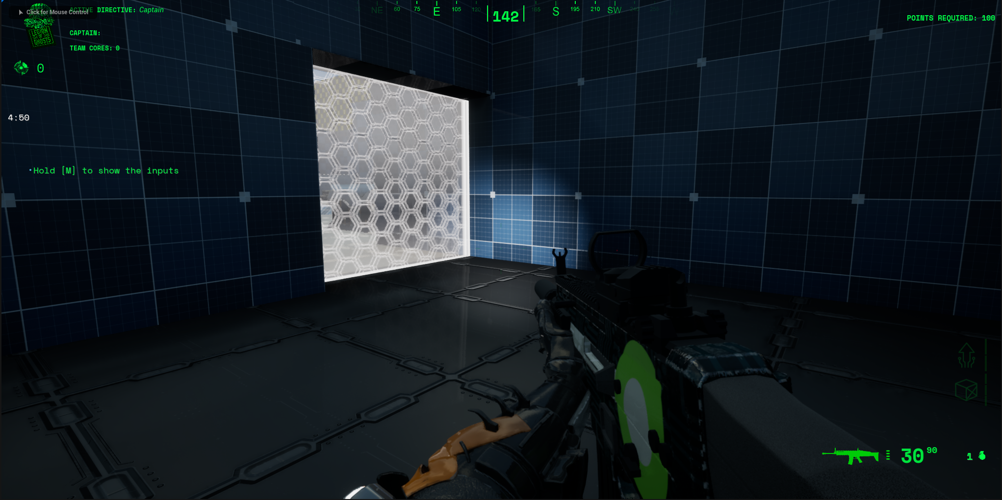 TAKEOVER first-person gameplay with live HUD: directives, team cores, compass, ammo, and match timer